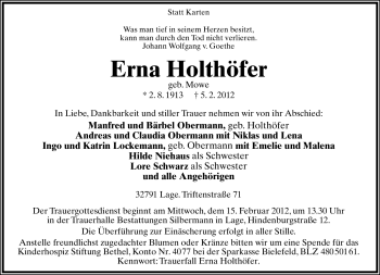 Anzeige  Erna Holthöfer  Lippische Landes-Zeitung