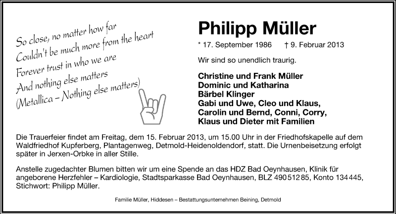  Traueranzeige für Philipp Müller vom 13.02.2013 aus Lippische Landes-Zeitung