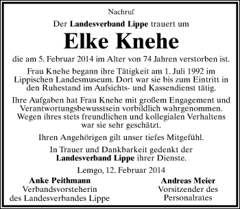 Anzeige  Elke Knehe  Lippische Landes-Zeitung