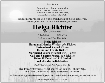 Anzeige  Helga Richter  Lippische Landes-Zeitung