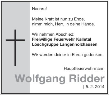 Anzeige  Wolfgang Ridder  Lippische Landes-Zeitung
