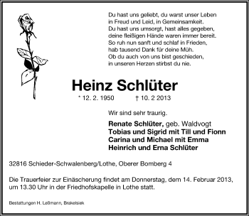 Anzeige  Heinz Schlüter  Lippische Landes-Zeitung