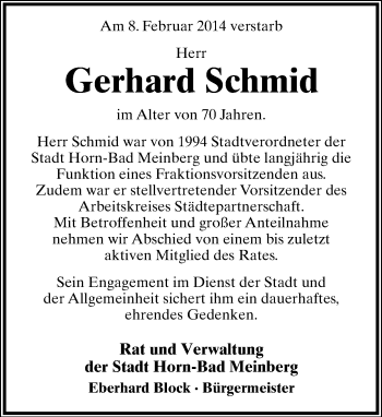 Anzeige  Gerhard Schmid  Lippische Landes-Zeitung