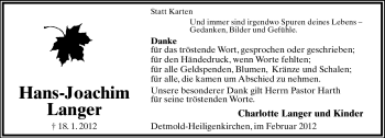 Anzeige  Hans-Joachim Langer  Lippische Landes-Zeitung