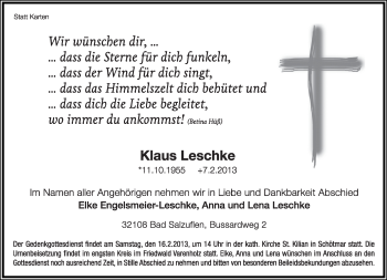 Anzeige  Klaus Leschke  Lippische Landes-Zeitung