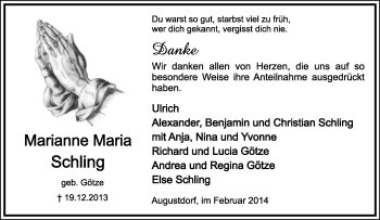 Anzeige  Marianne Maria Schling  Lippische Landes-Zeitung