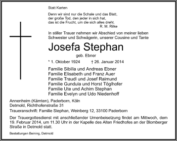 Anzeige  Josefa Stephan  Lippische Landes-Zeitung
