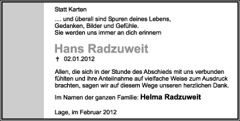 Anzeige  Hans Radzuweit  Lippische Landes-Zeitung