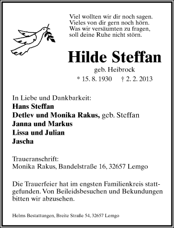 Anzeige  Hilde Steffan  Lippische Landes-Zeitung