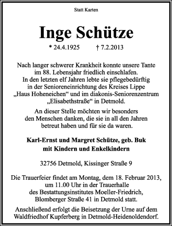 Anzeige  Inge Schütze  Lippische Landes-Zeitung