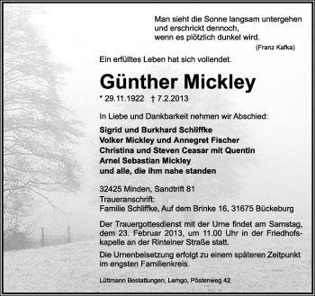 Anzeige  Günther Mickley  Lippische Landes-Zeitung