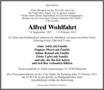 Anzeige  Alfred Wohlfahrt  Lippische Landes-Zeitung