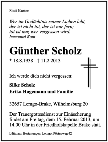 Anzeige  Günther Scholz  Lippische Landes-Zeitung