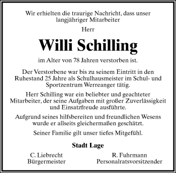 Anzeige  Willi Schilling  Lippische Landes-Zeitung