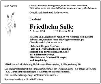 Anzeige  Friedhelm Solle  Lippische Landes-Zeitung