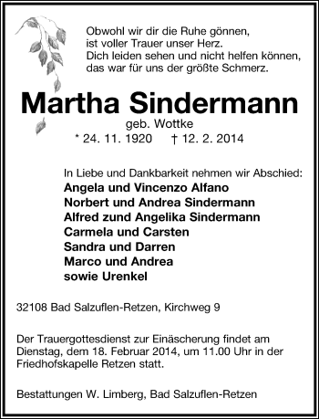 Anzeige  Martha Sindermann  Lippische Landes-Zeitung