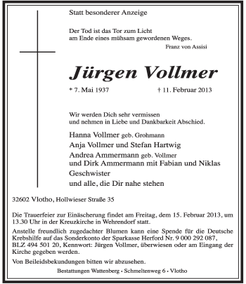 Anzeige  Jürgen Vollmer  Lippische Landes-Zeitung