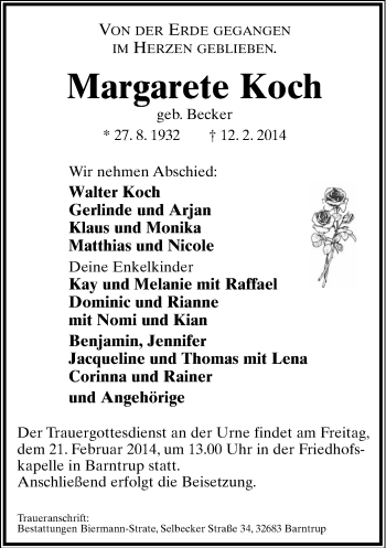Anzeige  Margarete Koch  Lippische Landes-Zeitung
