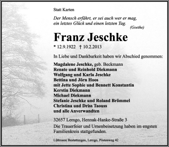 Anzeige  Franz Jeschke  Lippische Landes-Zeitung