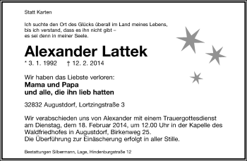 Anzeige  Alexander Lattek  Lippische Landes-Zeitung