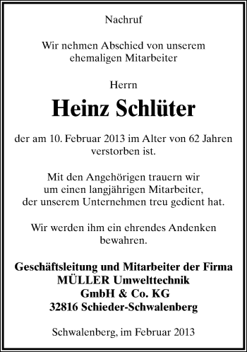 Anzeige  Heinz Schlüter  Lippische Landes-Zeitung