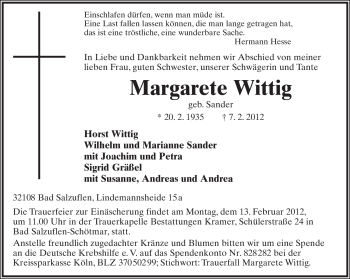 Anzeige  Margarete Wittig  Lippische Landes-Zeitung