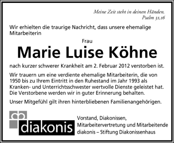 Anzeige  Marie Luise Köhne  Lippische Landes-Zeitung