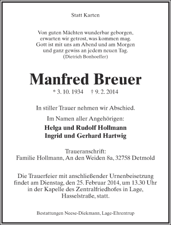 Anzeige  Manfred Breuer  Lippische Landes-Zeitung