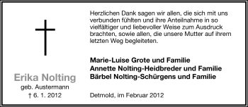 Anzeige  Erika Nolting  Lippische Landes-Zeitung