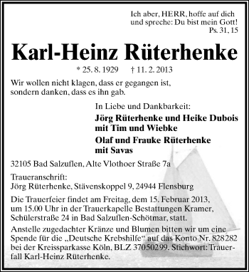 Anzeige  Karl-Heinz Rüterhenke  Lippische Landes-Zeitung