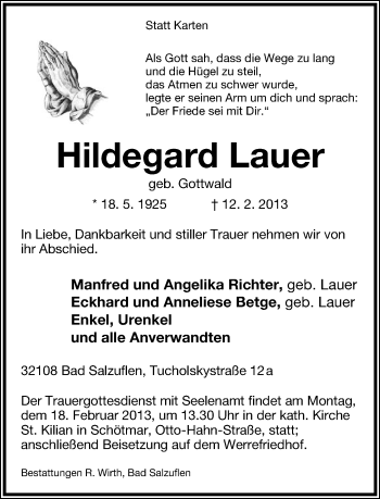 Anzeige  Hildegard Lauer  Lippische Landes-Zeitung