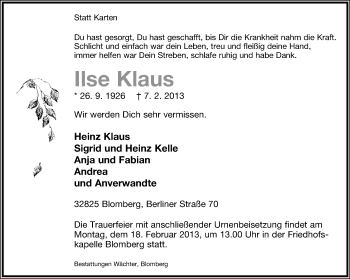 Anzeige  Ilse Klaus  Lippische Landes-Zeitung