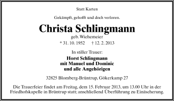 Anzeige  Christa Schlingmann  Lippische Landes-Zeitung