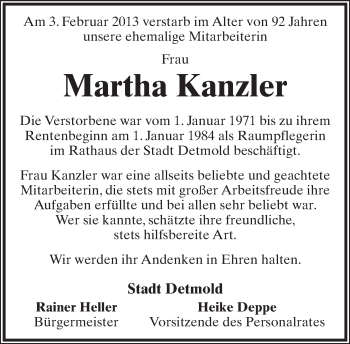 Anzeige  Martha Kanzler  Lippische Landes-Zeitung