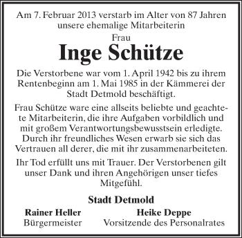 Anzeige  Inge Schütze  Lippische Landes-Zeitung