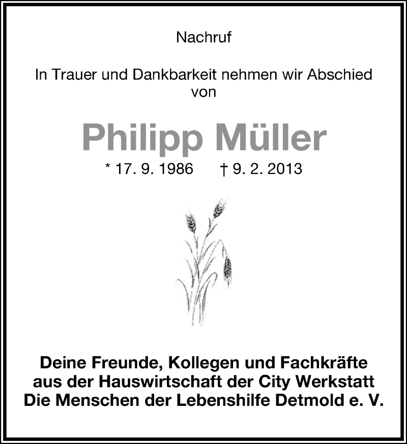  Traueranzeige für Philipp Müller vom 14.02.2013 aus Lippische Landes-Zeitung