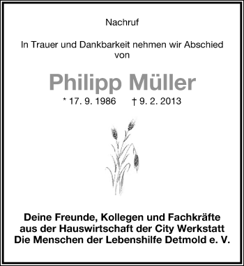 Anzeige  Philipp Müller  Lippische Landes-Zeitung