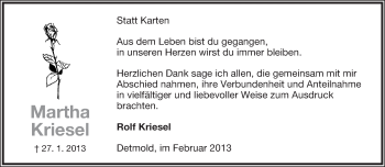 Anzeige  Martha Kriesel  Lippische Landes-Zeitung