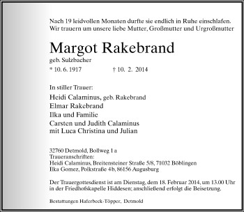 Anzeige  Margot Rakebrand  Lippische Landes-Zeitung