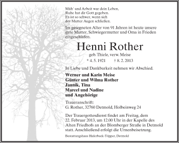 Anzeige  Henni Rother  Lippische Landes-Zeitung