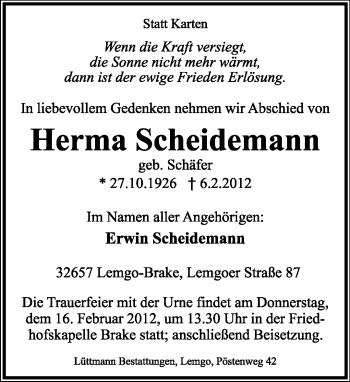 Anzeige  Herma Scheidemann  Lippische Landes-Zeitung