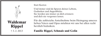 Anzeige  Waldemar Rippel  Lippische Landes-Zeitung