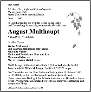 Anzeige  August Multhaupt  Lippische Landes-Zeitung