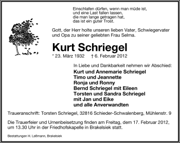Anzeige  Kurt Schriegel  Lippische Landes-Zeitung
