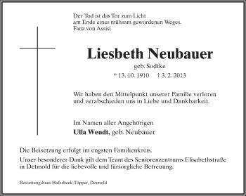 Anzeige  Liesbeth Neubauer  Lippische Landes-Zeitung