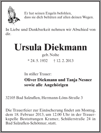 Anzeige  Ursula Diekmann  Lippische Landes-Zeitung