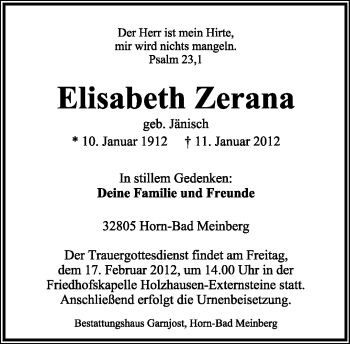 Anzeige  Elisabeth Zerana  Lippische Landes-Zeitung