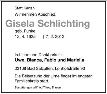 Anzeige  Gisela Schlichting  Lippische Landes-Zeitung