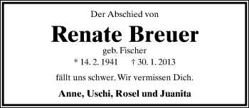 Anzeige  Renate Breuer  Lippische Landes-Zeitung