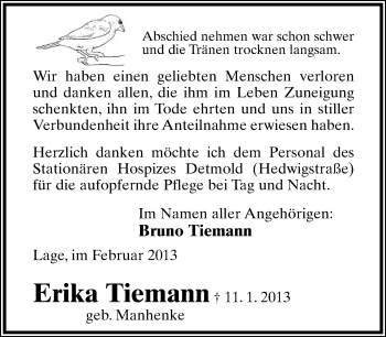 Anzeige  Erika Tiemann  Lippische Landes-Zeitung
